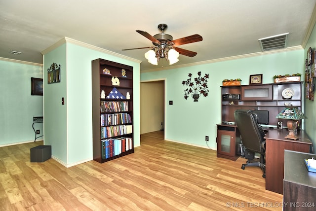 office featuring ornamental molding, ceiling fan, and light hardwood / wood-style floors