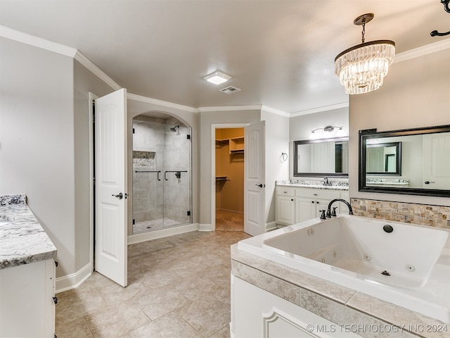 bathroom featuring independent shower and bath, vanity, tile patterned floors, an inviting chandelier, and crown molding