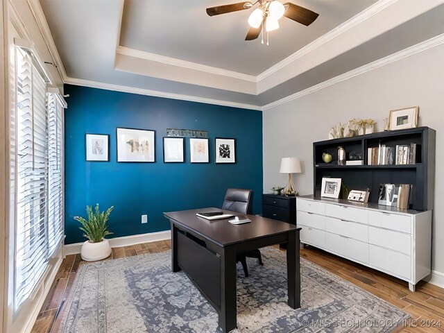 office area with a tray ceiling, ceiling fan, crown molding, and wood-type flooring