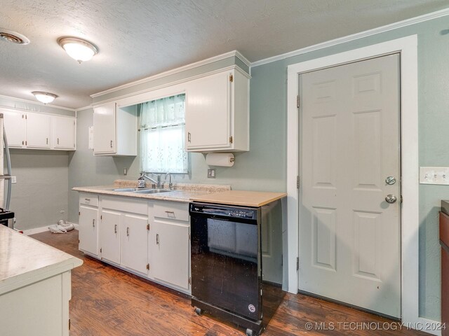 kitchen featuring sink, dark wood-type flooring, black dishwasher, ornamental molding, and white cabinets
