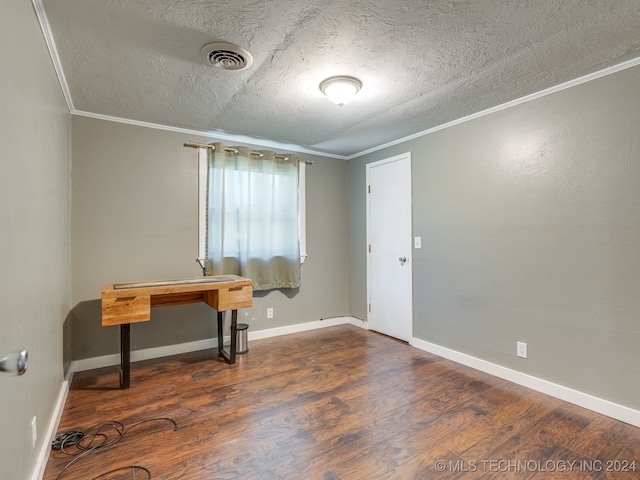 interior space featuring a textured ceiling, crown molding, and hardwood / wood-style floors