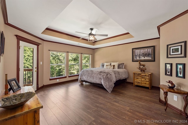 bedroom with multiple windows, access to outside, a raised ceiling, and ceiling fan