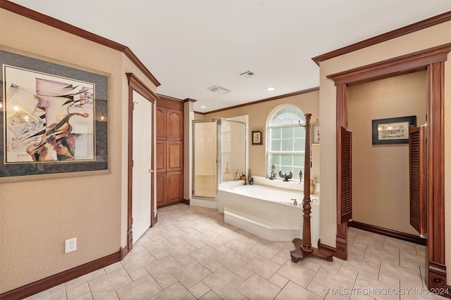 bathroom with crown molding and shower with separate bathtub