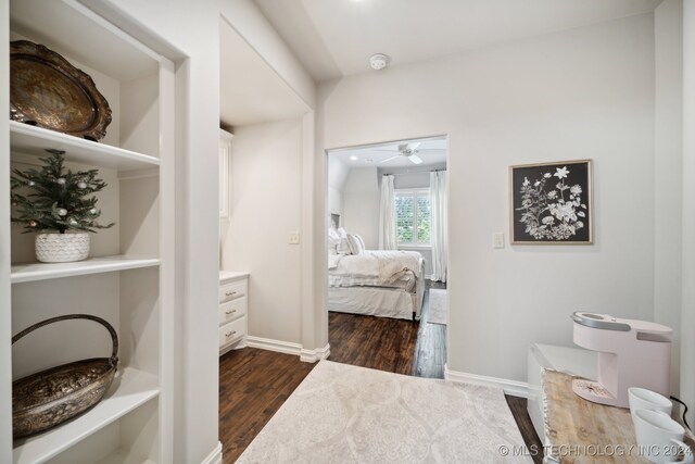 bathroom featuring ceiling fan, vanity, and wood-type flooring