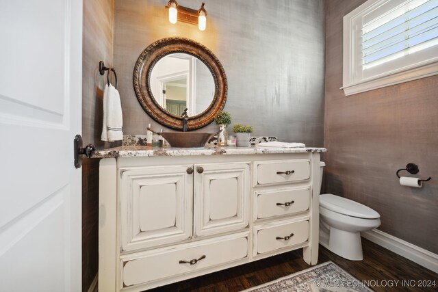 bathroom featuring toilet, hardwood / wood-style floors, and vanity