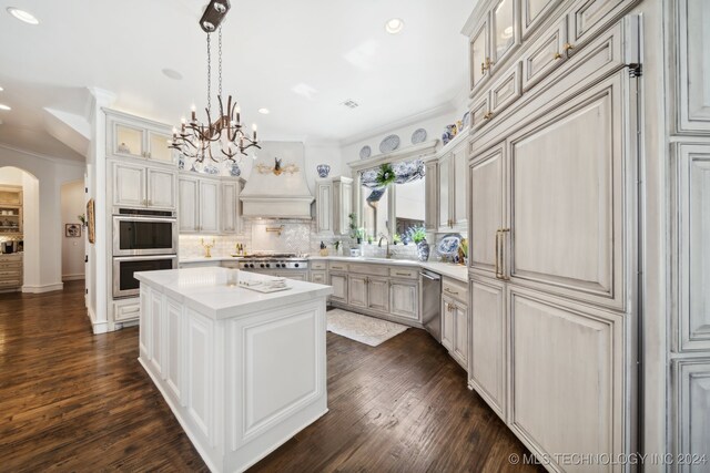 kitchen featuring dark hardwood / wood-style floors, tasteful backsplash, custom exhaust hood, a center island, and stainless steel appliances