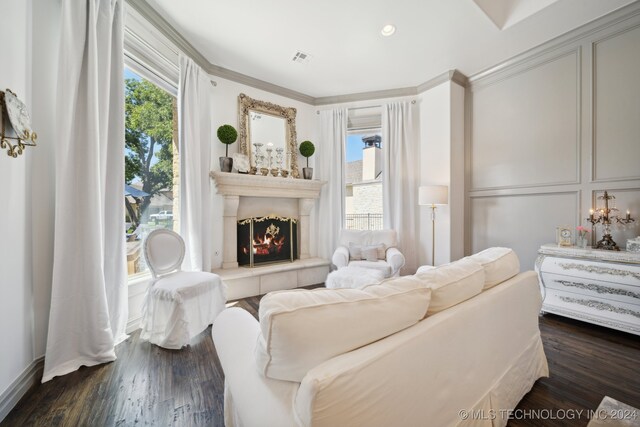 living room featuring dark hardwood / wood-style floors, ornamental molding, and a fireplace