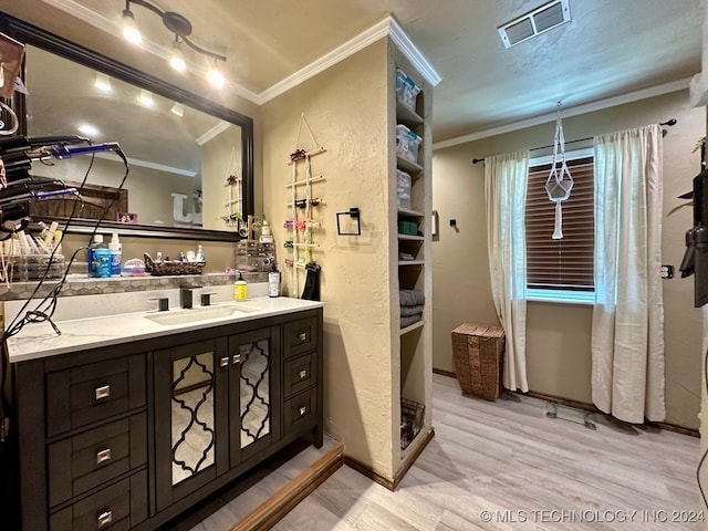 bathroom with hardwood / wood-style floors, rail lighting, ornamental molding, and vanity