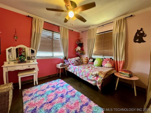 bedroom with ceiling fan and crown molding