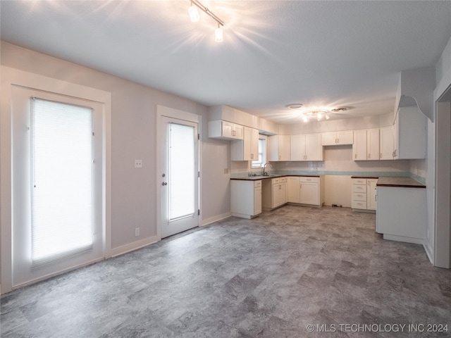 kitchen with white cabinetry, sink, and track lighting