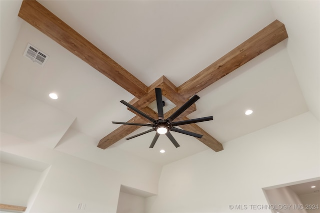 room details featuring ceiling fan and beam ceiling