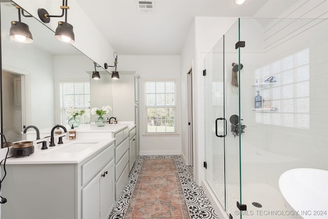 bathroom featuring tile patterned flooring, vanity, a healthy amount of sunlight, and a shower with shower door