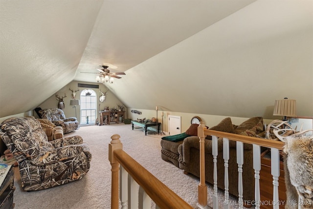 carpeted bedroom featuring ceiling fan and lofted ceiling