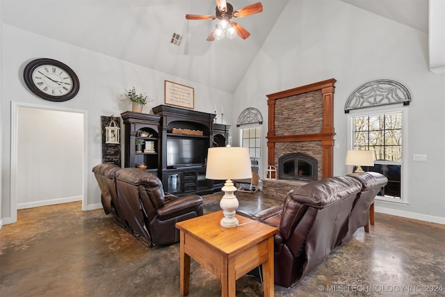 living room with ceiling fan, a fireplace, and high vaulted ceiling