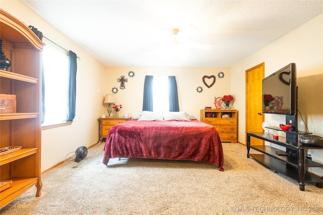 bedroom with a textured ceiling and light colored carpet