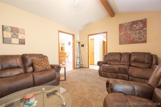 living room with carpet floors and lofted ceiling with beams