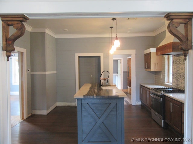 kitchen featuring sink, tasteful backsplash, stainless steel range with gas stovetop, and dark hardwood / wood-style floors