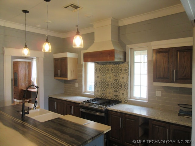 kitchen featuring custom range hood, stainless steel gas stove, and a wealth of natural light