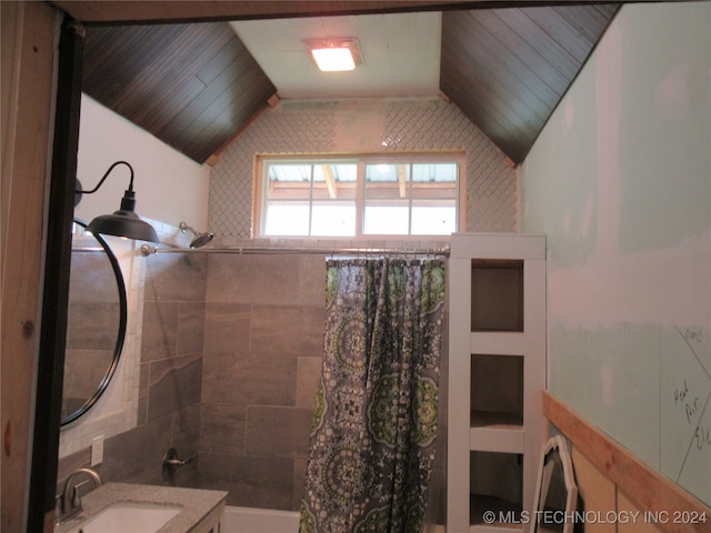 bathroom featuring wood ceiling, shower / tub combo with curtain, vanity, and lofted ceiling