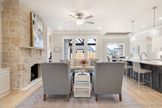 living room featuring light hardwood / wood-style floors, ornamental molding, and a fireplace