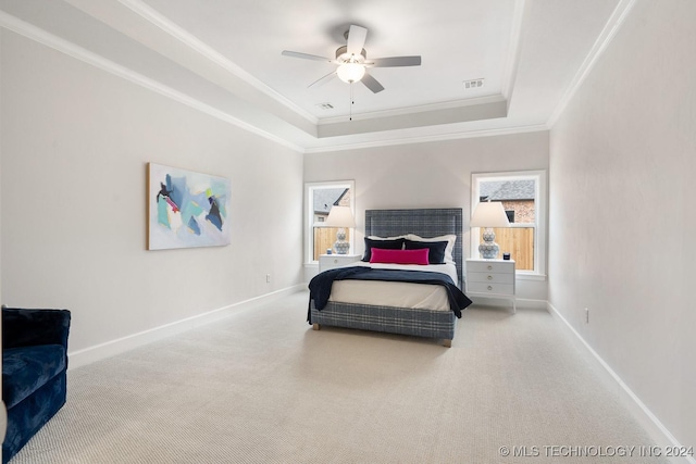 5424 E 125th Pl S, Bixby, OK 74008 - bedroom featuring a tray ceiling, ornamental molding, carpet floors, baseboards, and ceiling fan