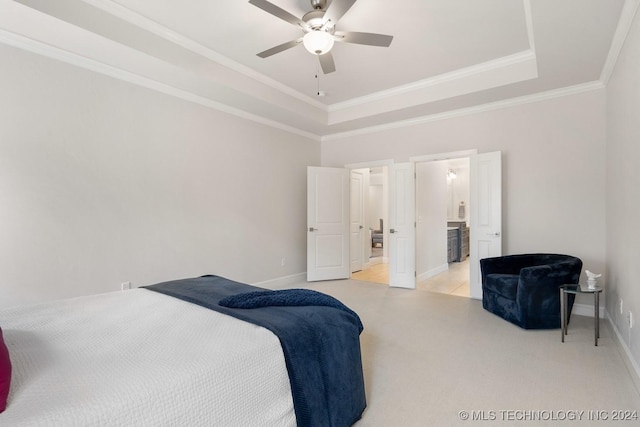 5424 E 125th Pl S, Bixby, OK 74008 - bedroom with light colored carpet, a raised ceiling, baseboards, crown molding, and ensuite bathroom