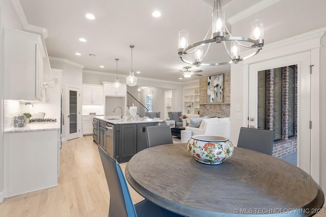 5424 E 125th Pl S, Bixby, OK 74008 - dining space with a chandelier, recessed lighting, light wood-type flooring, crown molding, and a ceiling fan