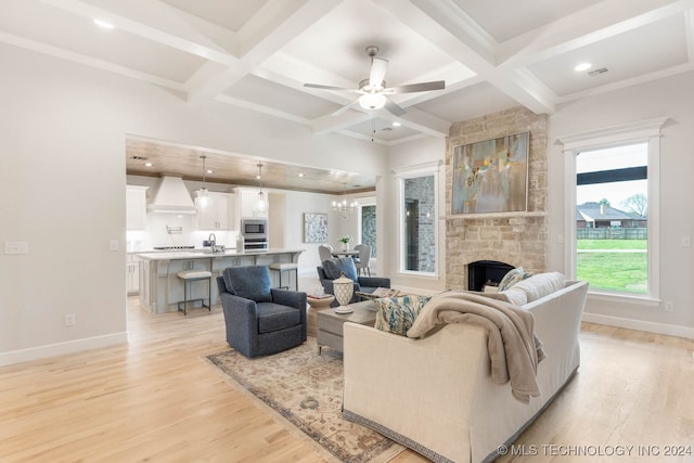 living room featuring ceiling fan, coffered ceiling, light hardwood / wood-style floors, and a stone fireplace