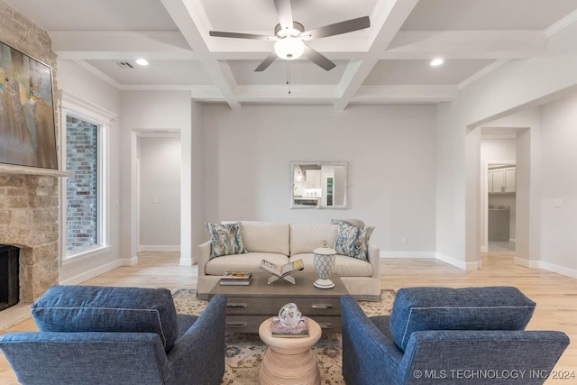1734 W 115th Pl, Jenks, OK 74132 - living room with light wood-style flooring, beam ceiling, coffered ceiling, ceiling fan, and baseboards