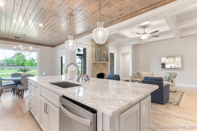 kitchen featuring dishwasher, light hardwood / wood-style floors, a stone fireplace, and plenty of natural light