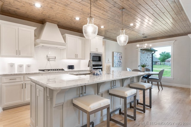 kitchen featuring custom range hood, decorative backsplash, wooden ceiling, and light wood-type flooring