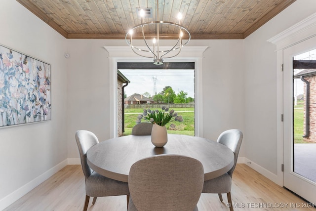 dining space featuring light wood-type flooring, crown molding, wood ceiling, and a notable chandelier