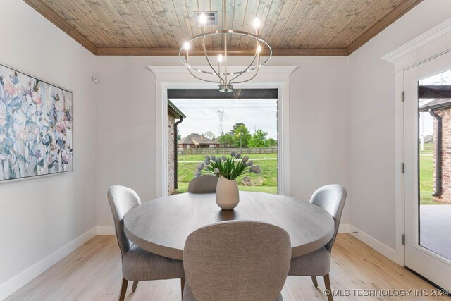 1734 W 115th Pl, Jenks, OK 74132 - dining space with ornamental molding, wood ceiling, a chandelier, light wood finished floors, and baseboards