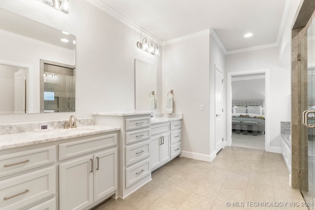 bathroom with tile patterned floors, vanity, shower with separate bathtub, and ornamental molding