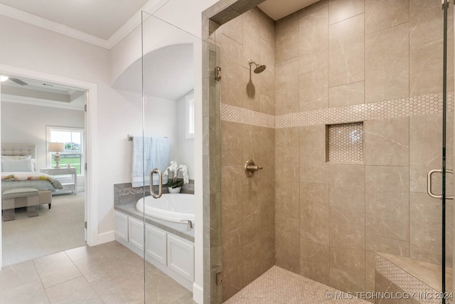 bathroom with tile patterned flooring, plus walk in shower, and crown molding