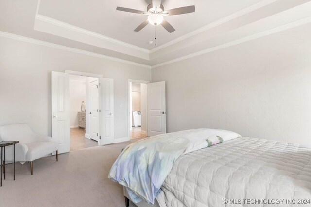1734 W 115th Pl, Jenks, OK 74132 - bedroom with a raised ceiling, light colored carpet, crown molding, and ceiling fan