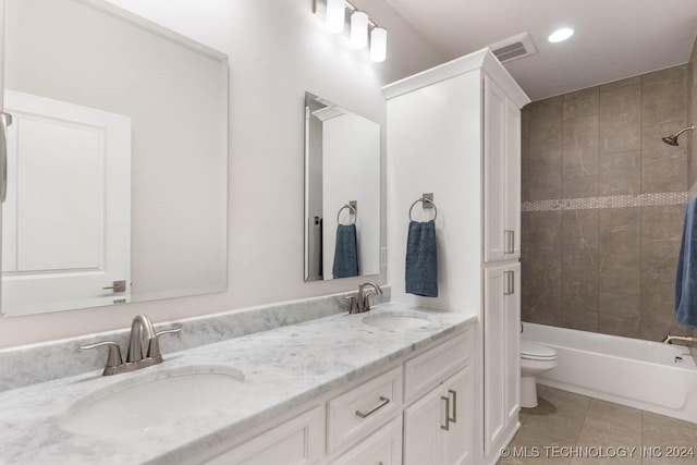 1734 W 115th Pl, Jenks, OK 74132 - full bathroom featuring tile patterned flooring, double vanity, toilet, bathtub / shower combination, and recessed lighting