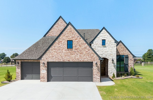 view of front facade with a front yard and a garage