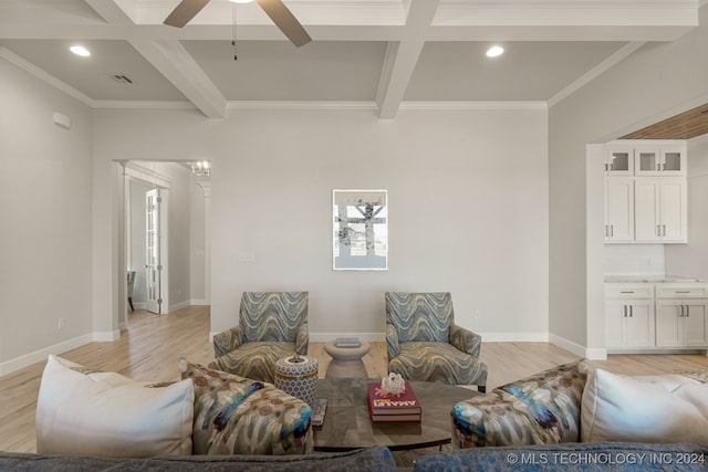 living room featuring light hardwood / wood-style flooring, ceiling fan, and coffered ceiling