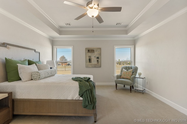 bedroom with a tray ceiling, multiple windows, and light carpet