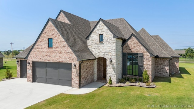 view of front of property featuring a garage and a front lawn