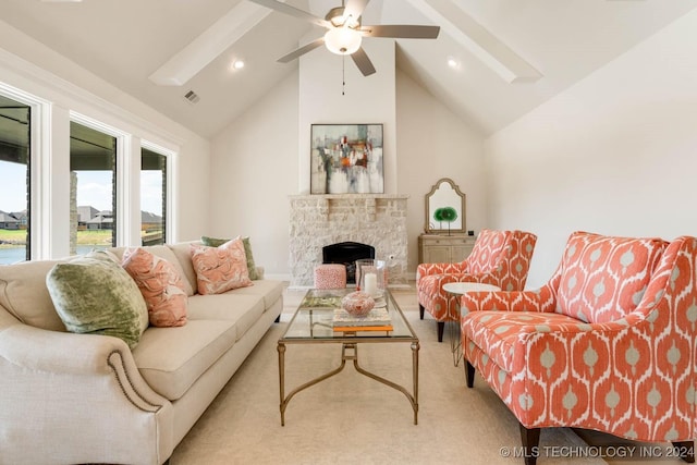 carpeted living area with a ceiling fan, high vaulted ceiling, a fireplace, beamed ceiling, and recessed lighting