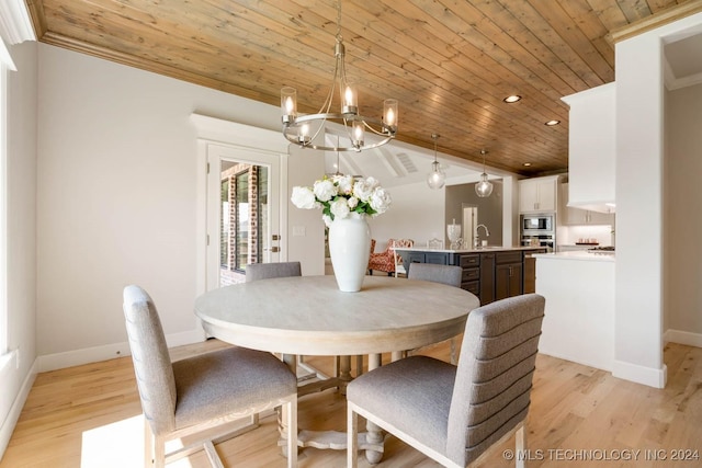 dining room with wood ceiling, a chandelier, light wood-style floors, baseboards, and ornamental molding
