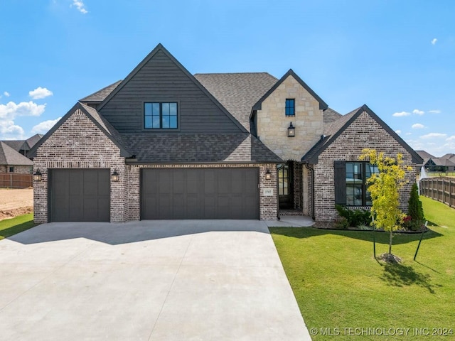 french country inspired facade featuring brick siding, driveway, a shingled roof, an attached garage, and a garage
