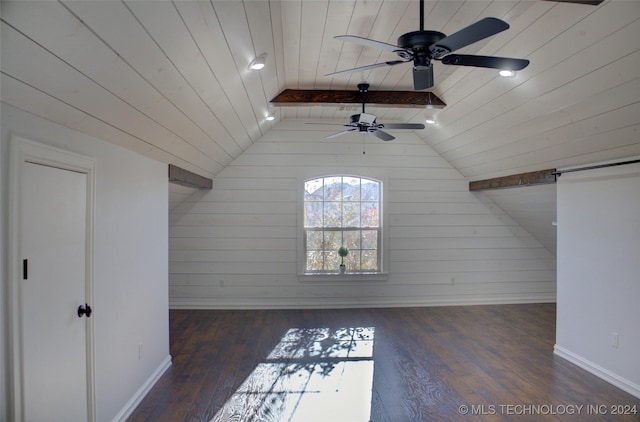 bonus room featuring ceiling fan, lofted ceiling with beams, dark hardwood / wood-style floors, wood walls, and wood ceiling