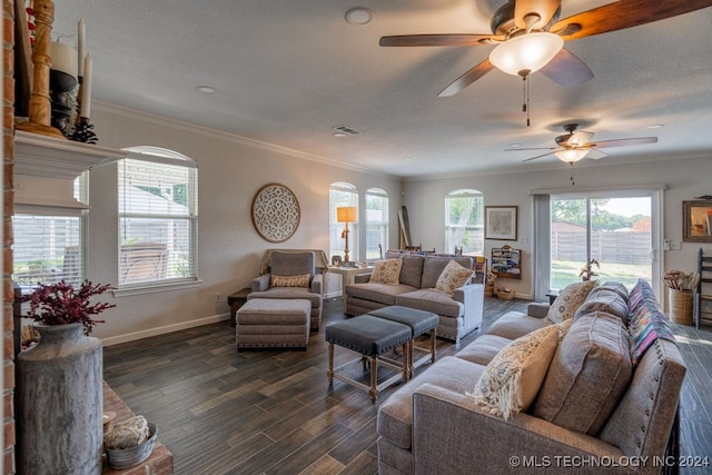 living room featuring ceiling fan, crown molding, and dark hardwood / wood-style floors