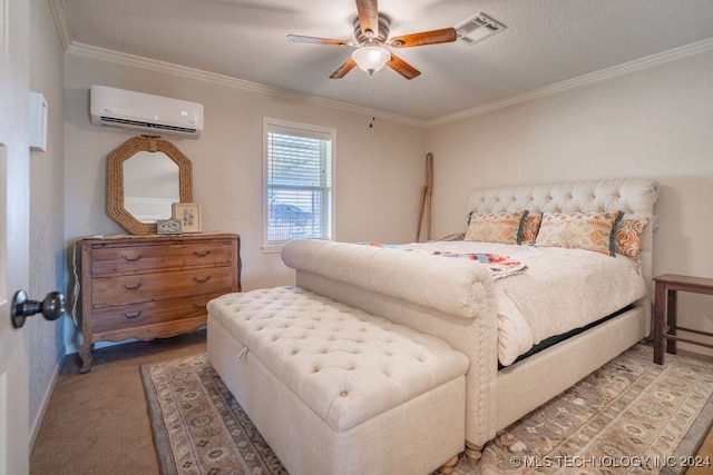 carpeted bedroom with ceiling fan, ornamental molding, a textured ceiling, and a wall mounted AC