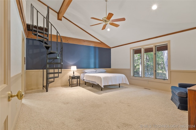 carpeted bedroom with ceiling fan, beamed ceiling, and high vaulted ceiling