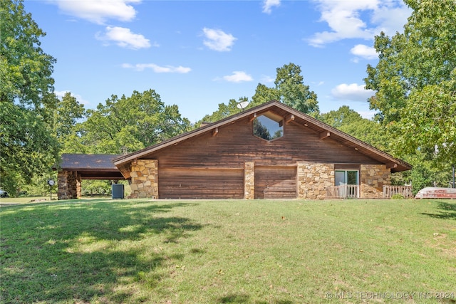 log-style house featuring a front yard and central air condition unit