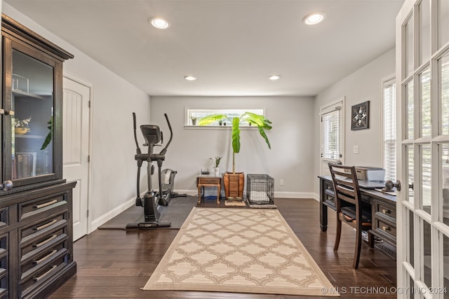 exercise room with dark hardwood / wood-style flooring